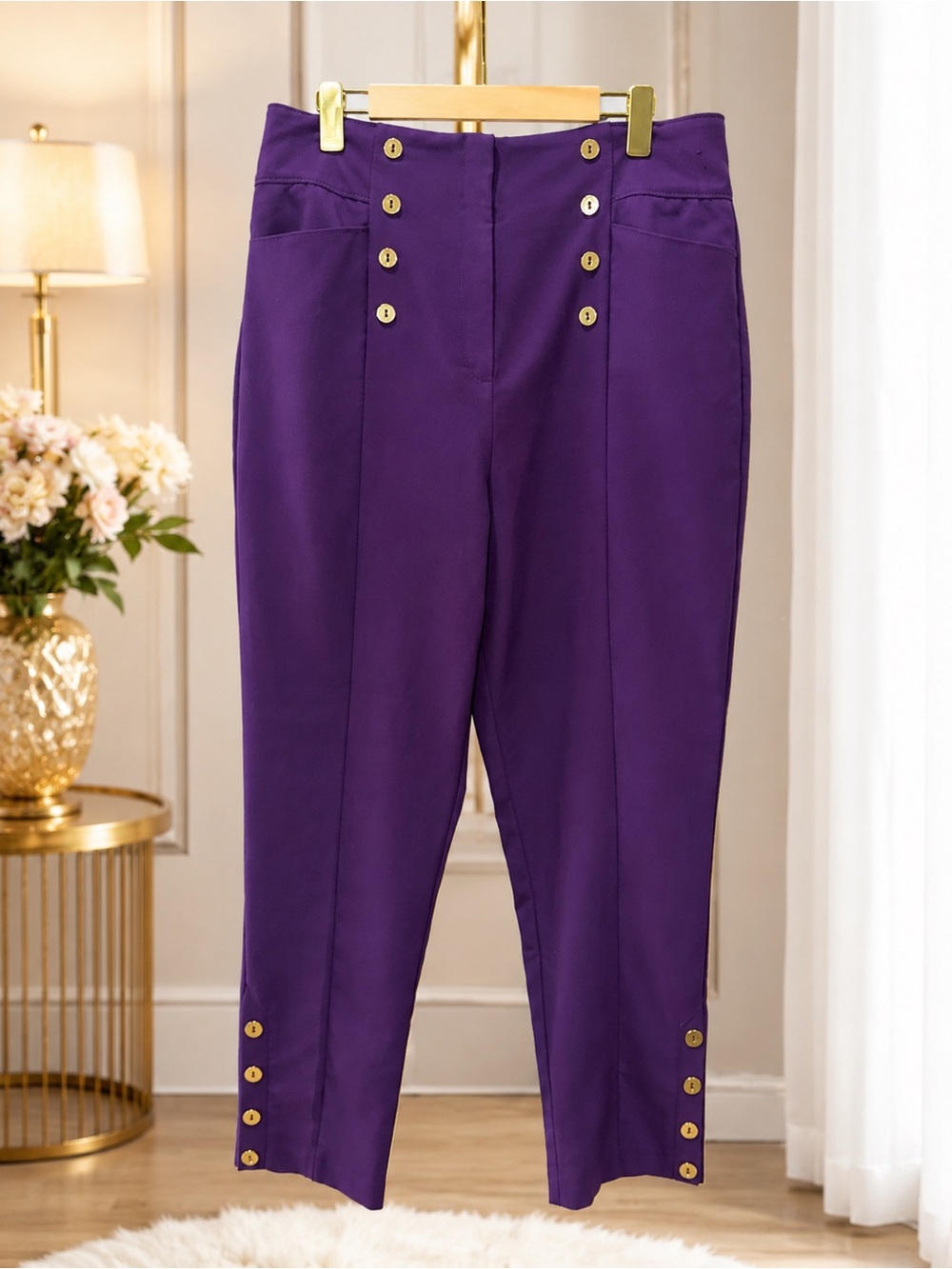 New York & Company 7th Avenue Purple High-Waist Button Detail Cropped Pants